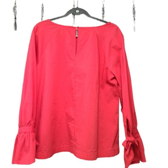 Elegant Red Long Sleeve Blouse with Bow Tie Accent on Wrists Professional Wear - Picture 2 of 5